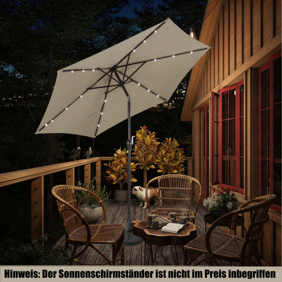 Sonnenschirm mit Solar- LED-Beleuchtung Ampelschirm Gartenschirm Kurbelschirm 2,7M-braun