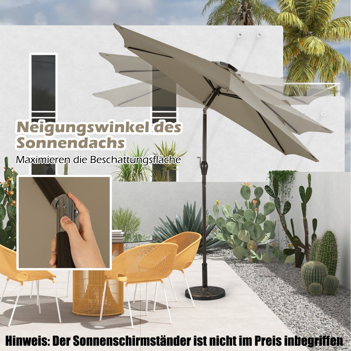 Sonnenschirm mit Solar- LED-Beleuchtung Ampelschirm Gartenschirm Kurbelschirm 2,7M-braun