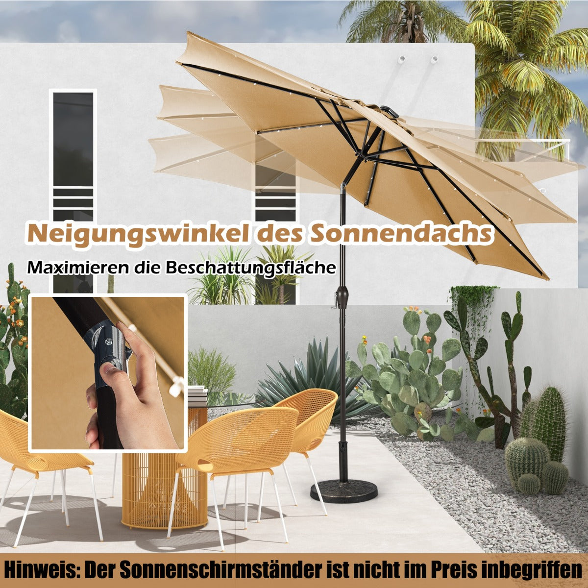 LED Beleuchtung Ampelschirm rund Sonnenschirm Solarbetrieben Gartenschirm Kurbel-beige-Ã¸ 3M