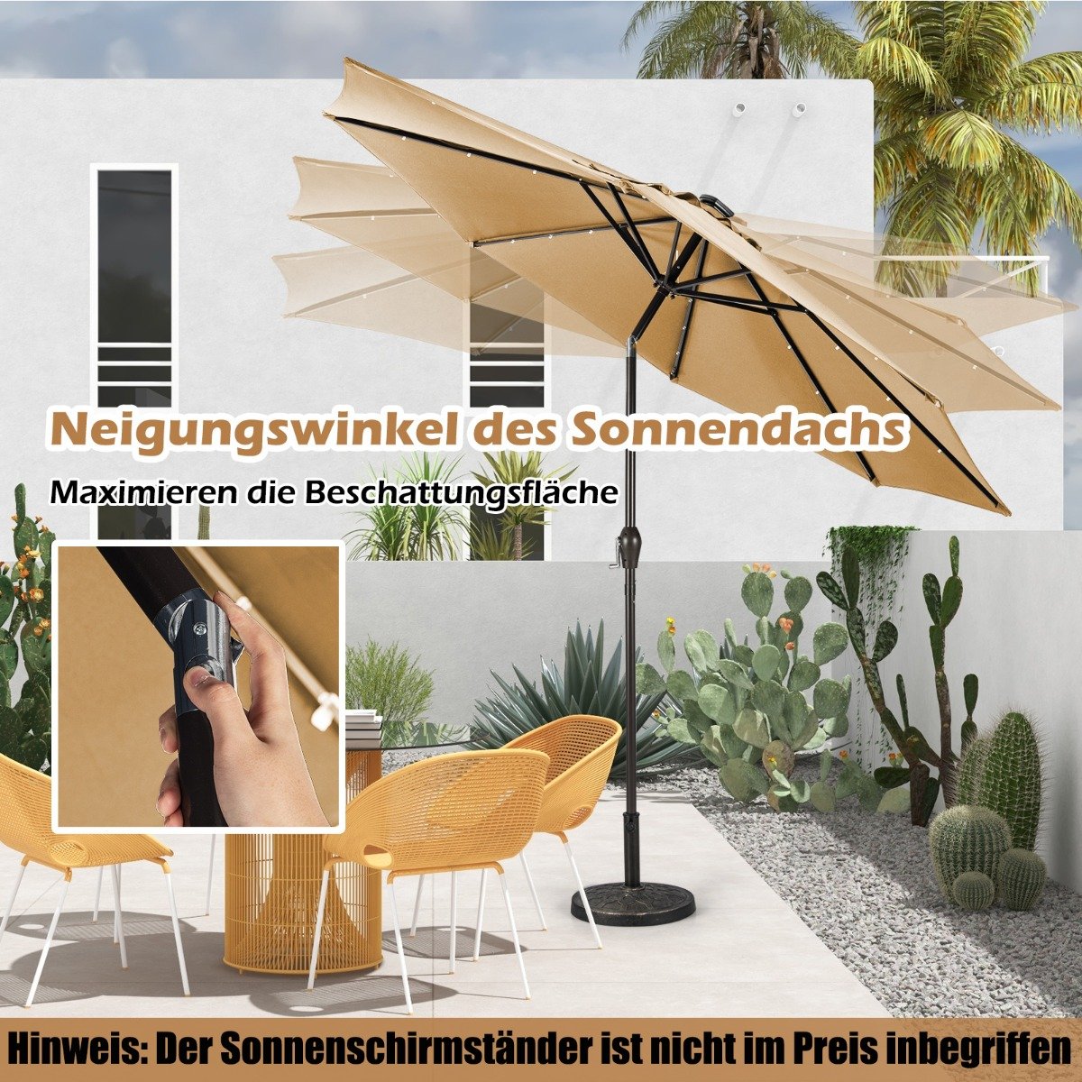 LED Beleuchtung Ampelschirm rund Sonnenschirm Solarbetrieben Gartenschirm Kurbel-beige-Ã¸ 3M