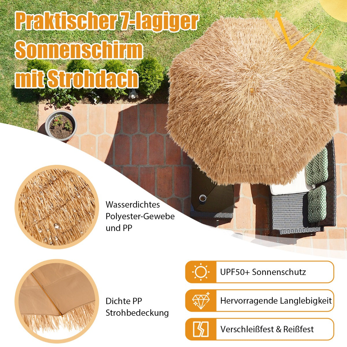 Sonnenschirm 243 cm Langer Strohschirm Natur