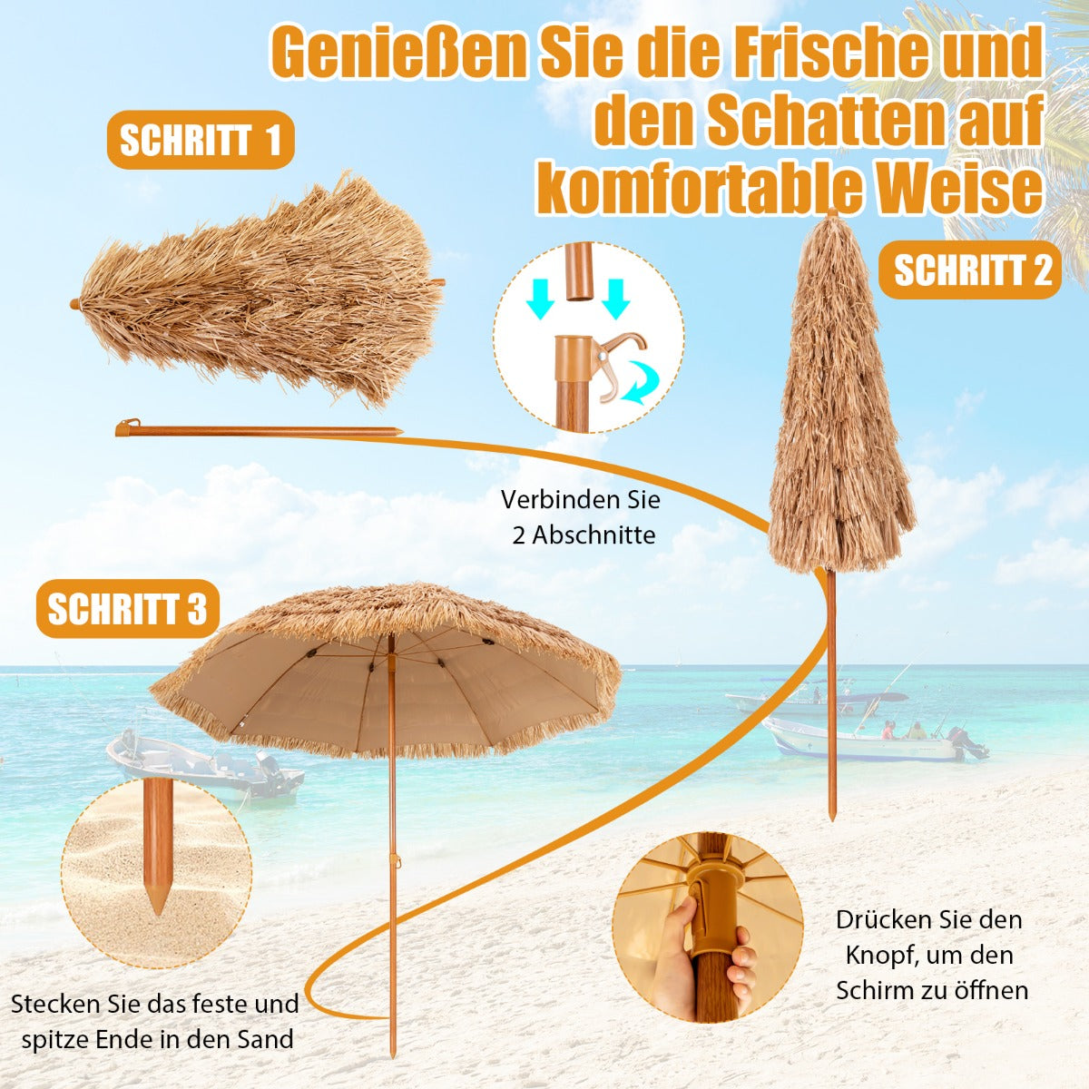 Sonnenschirm 243 cm Langer Strohschirm Natur