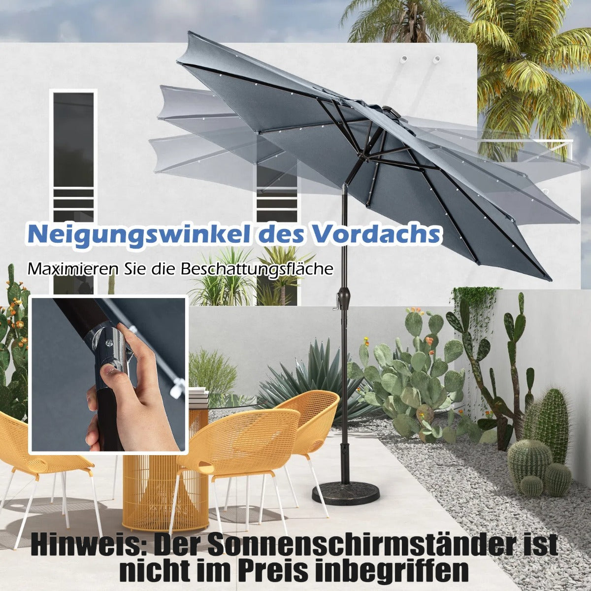 LED Beleuchtung Ampelschirm Rund Sonnenschirm Solarbetrieben Gartenschirm Kurbel Grau