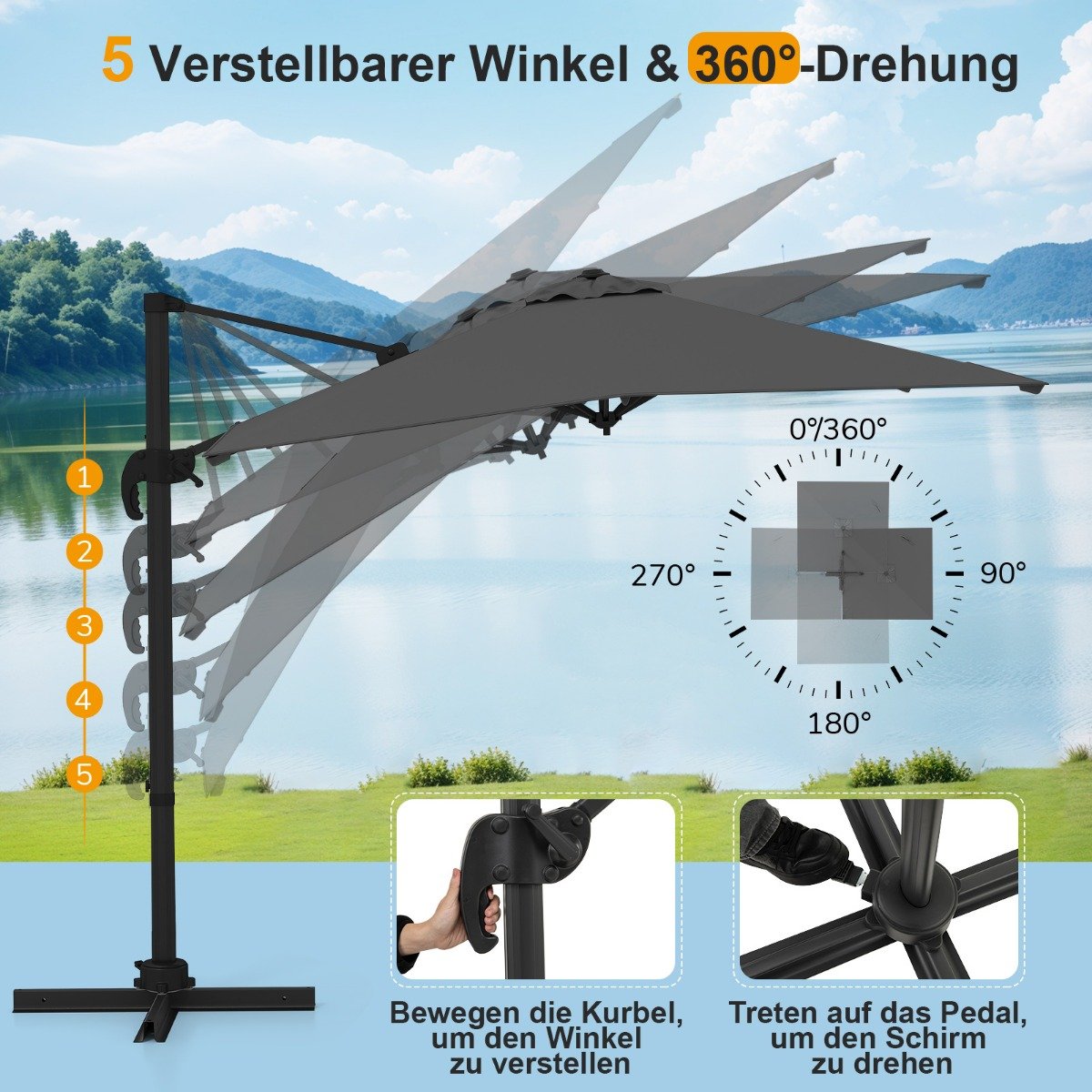 Sonnenschirm rechteckig 250 x 250 cm großer Ampelschirm mit Kurbel Grau