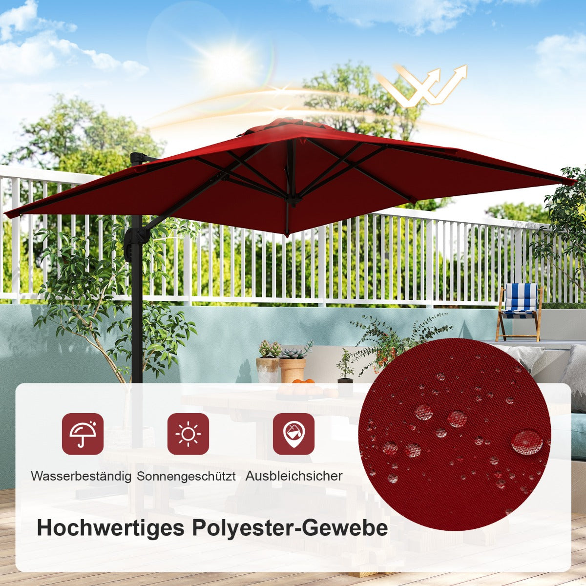 Sonnenschirm rechteckig 250 x 250 cm großer Ampelschirm mit Kurbel Rot