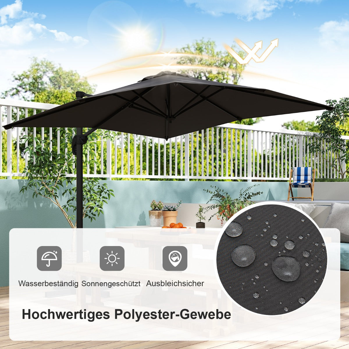 Sonnenschirm rechteckig 250 x 250 cm großer Ampelschirm mit Kurbel Grau