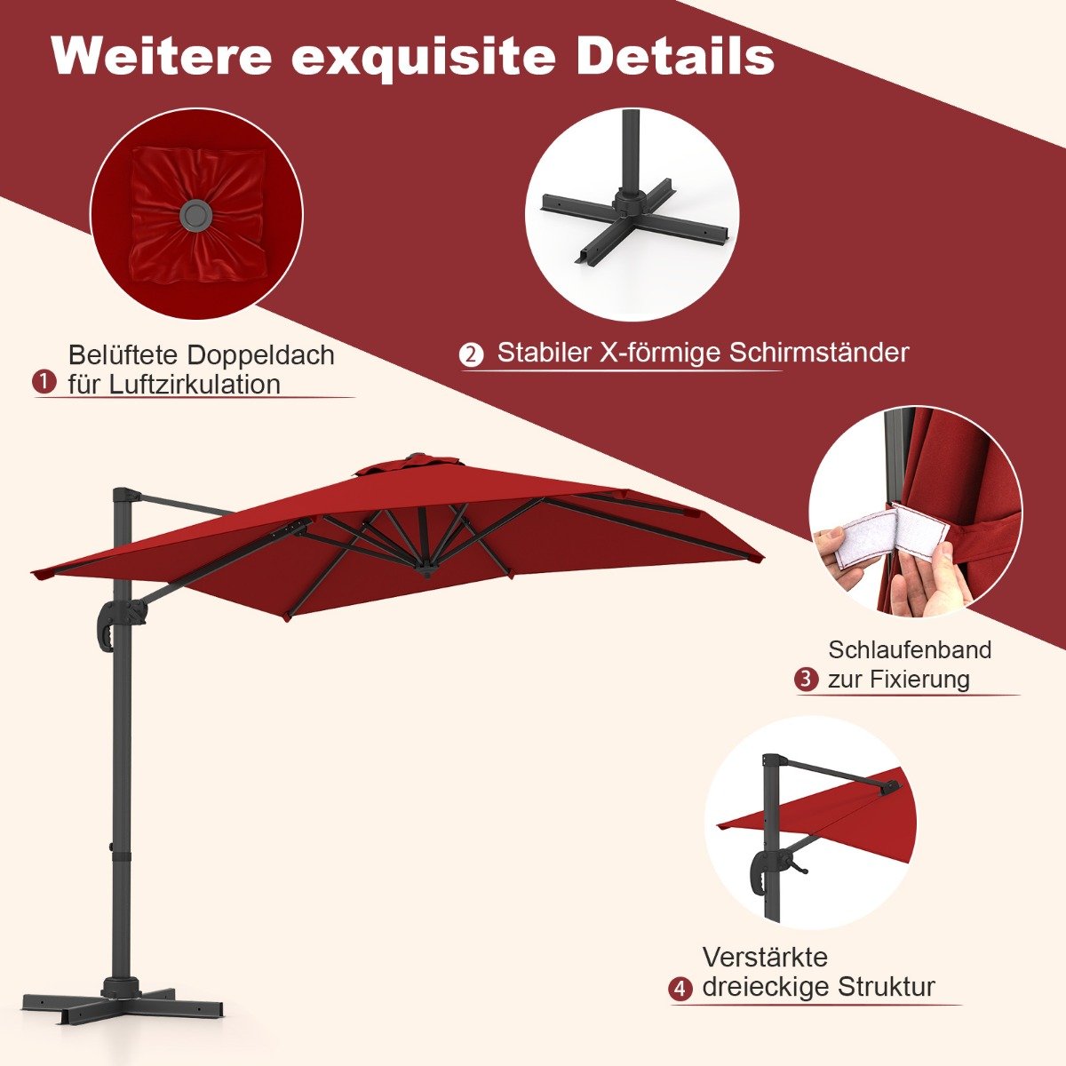 Sonnenschirm rechteckig 250 x 250 cm großer Ampelschirm mit Kurbel Rot