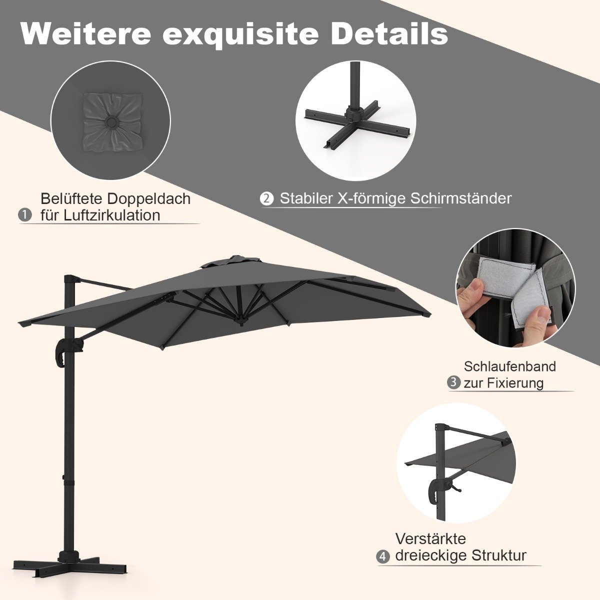 Sonnenschirm rechteckig 250 x 250 cm großer Ampelschirm mit Kurbel Grau