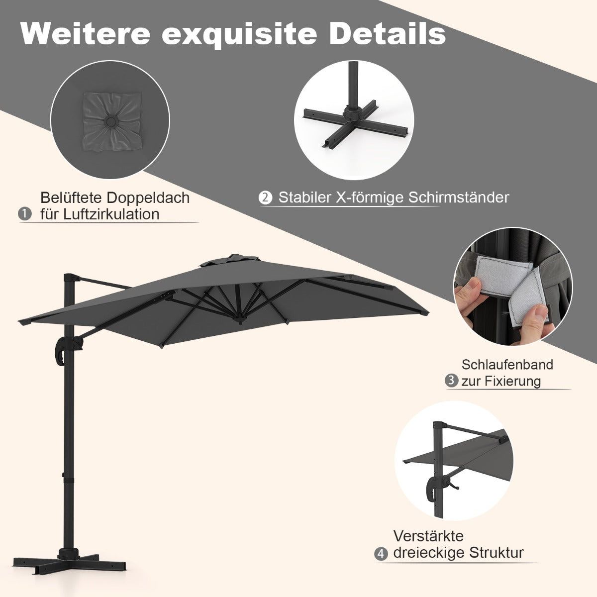 Sonnenschirm rechteckig 250 x 250 cm großer Ampelschirm mit Kurbel Grau