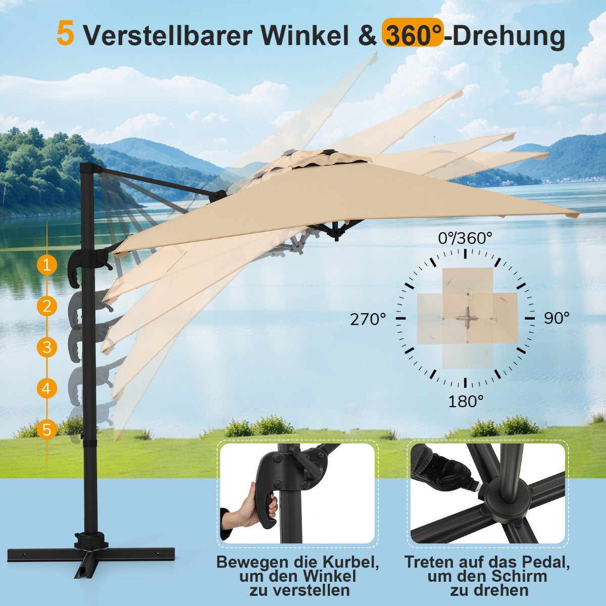 Sonnenschirm rechteckig 250 x 250 cm großer Ampelschirm mit Kurbel Beige