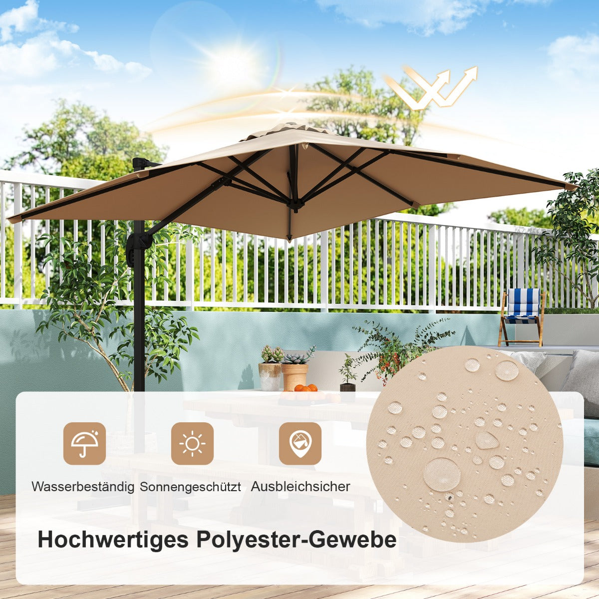 Sonnenschirm rechteckig 250 x 250 cm großer Ampelschirm mit Kurbel Beige