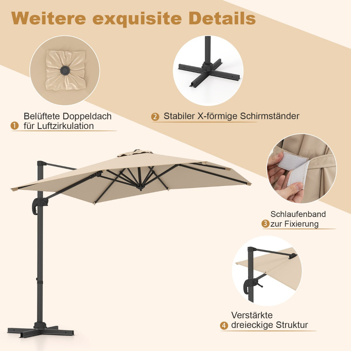 Sonnenschirm rechteckig 250 x 250 cm großer Ampelschirm mit Kurbel Beige