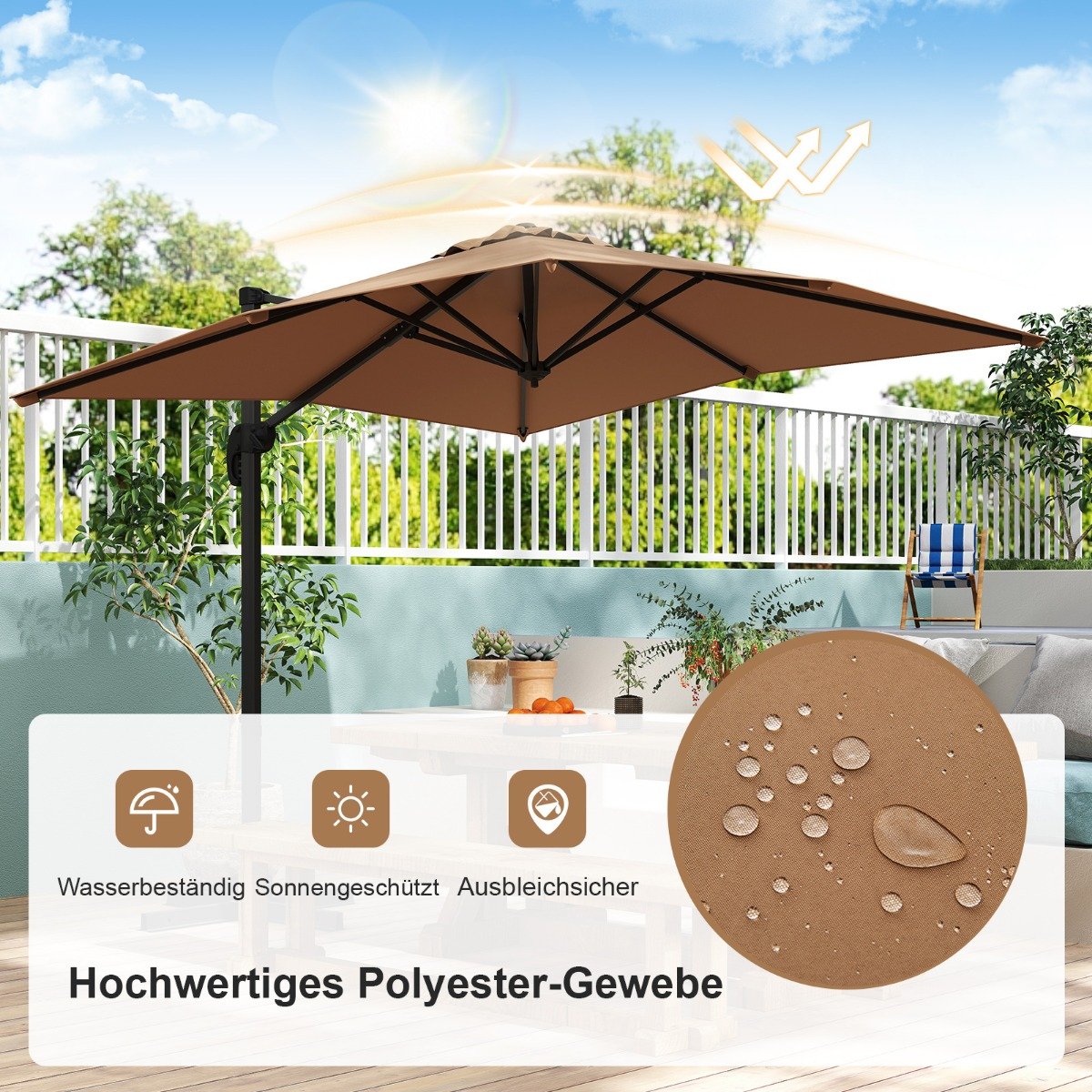 Sonnenschirm rechteckig 250 x 250 cm großer Ampelschirm mit Kurbel Braun