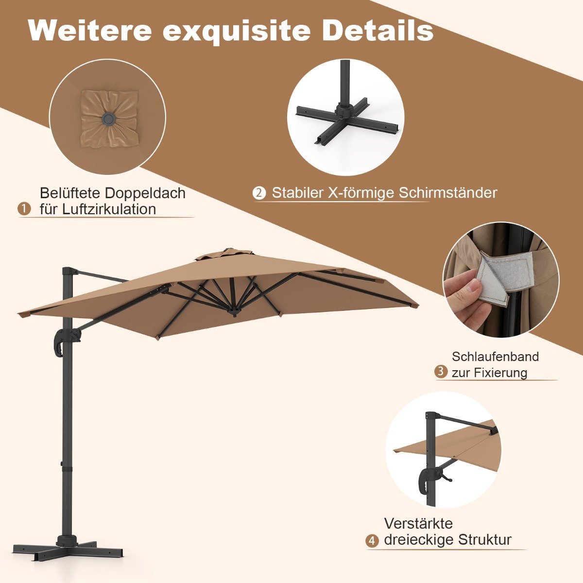 Sonnenschirm rechteckig 250 x 250 cm großer Ampelschirm mit Kurbel Braun