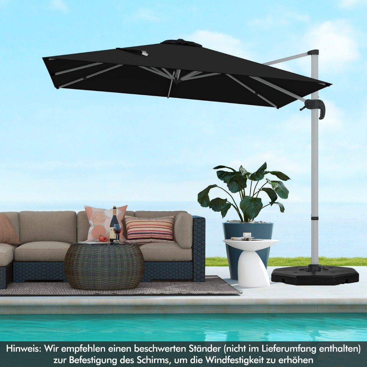 Sonnenschirm rechteckig 300 x 300 cm großer Ampelschirm mit Kurbel Schwarz