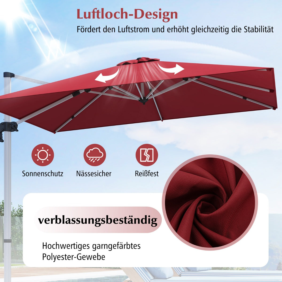 Sonnenschirm rechteckig 300 x 300 cm großer Ampelschirm mit Kurbel Weinrot