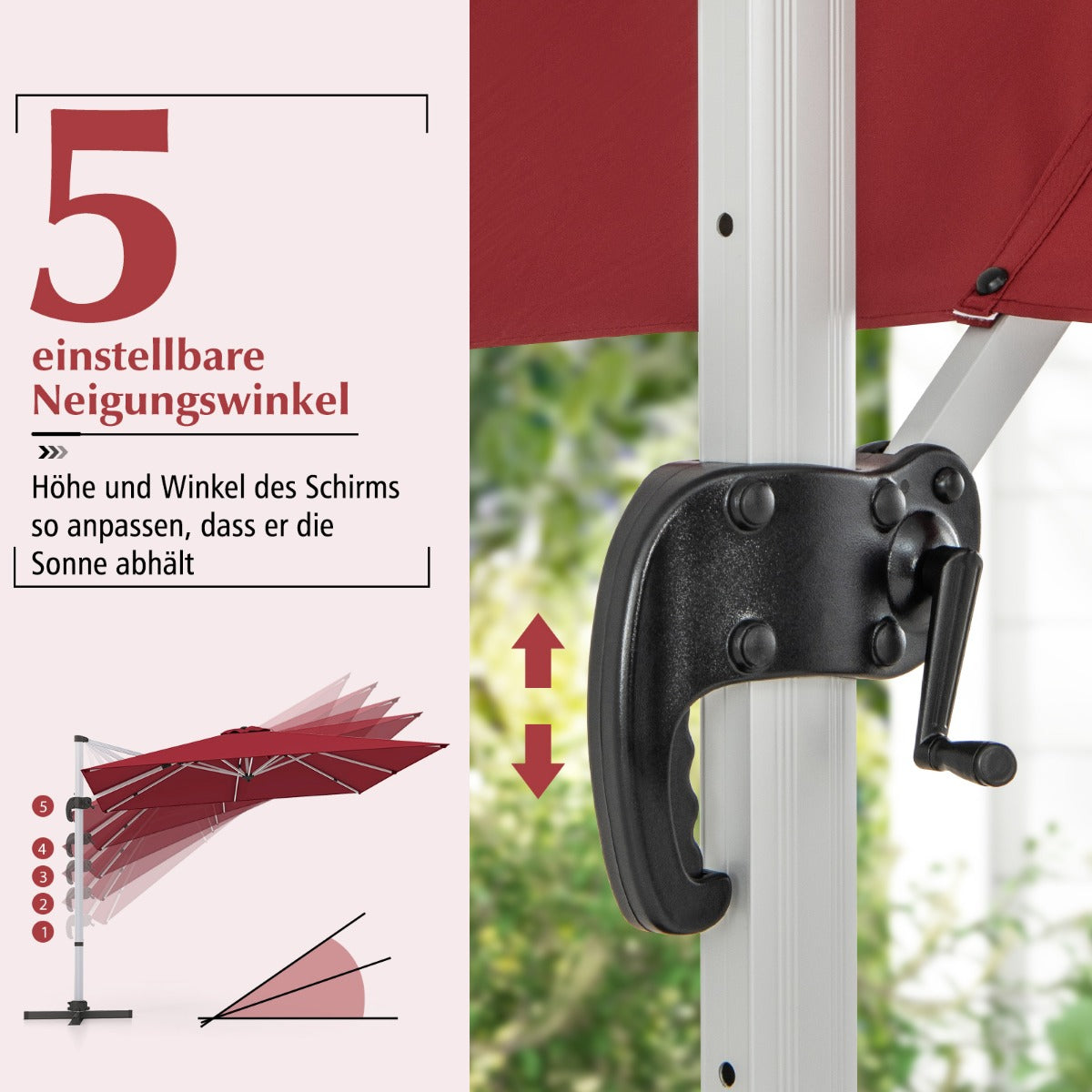 Sonnenschirm rechteckig 300 x 300 cm großer Ampelschirm mit Kurbel Weinrot