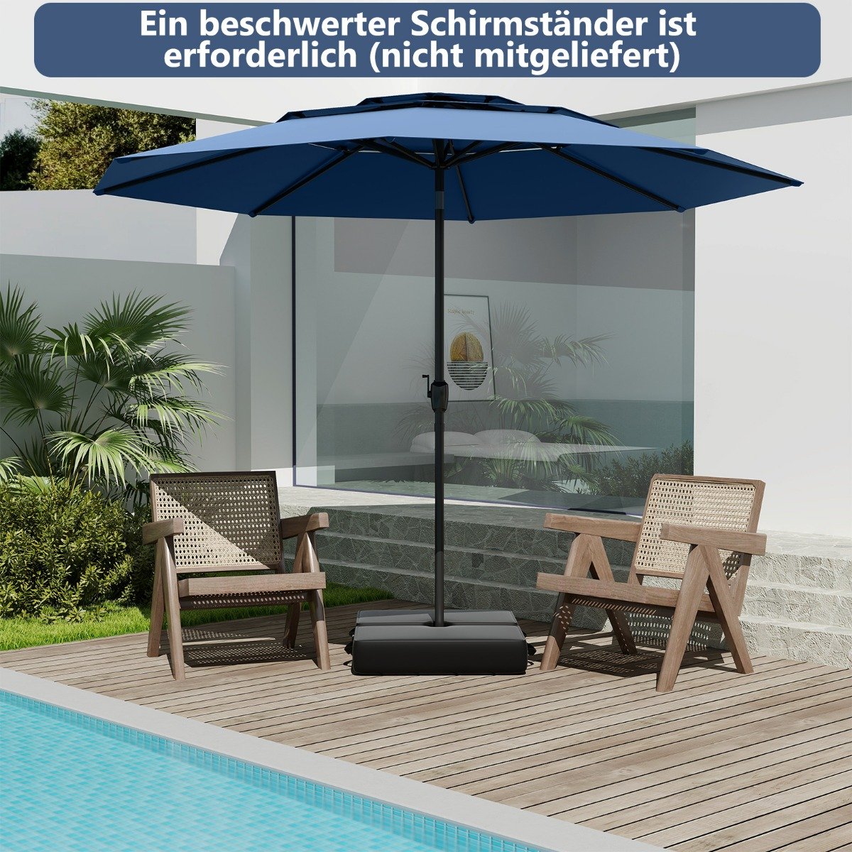 Sonnenschirm windfest stabil 300 cm Gartenschirm mit Kurbel beidseitig um 30° knickbar Marineblau