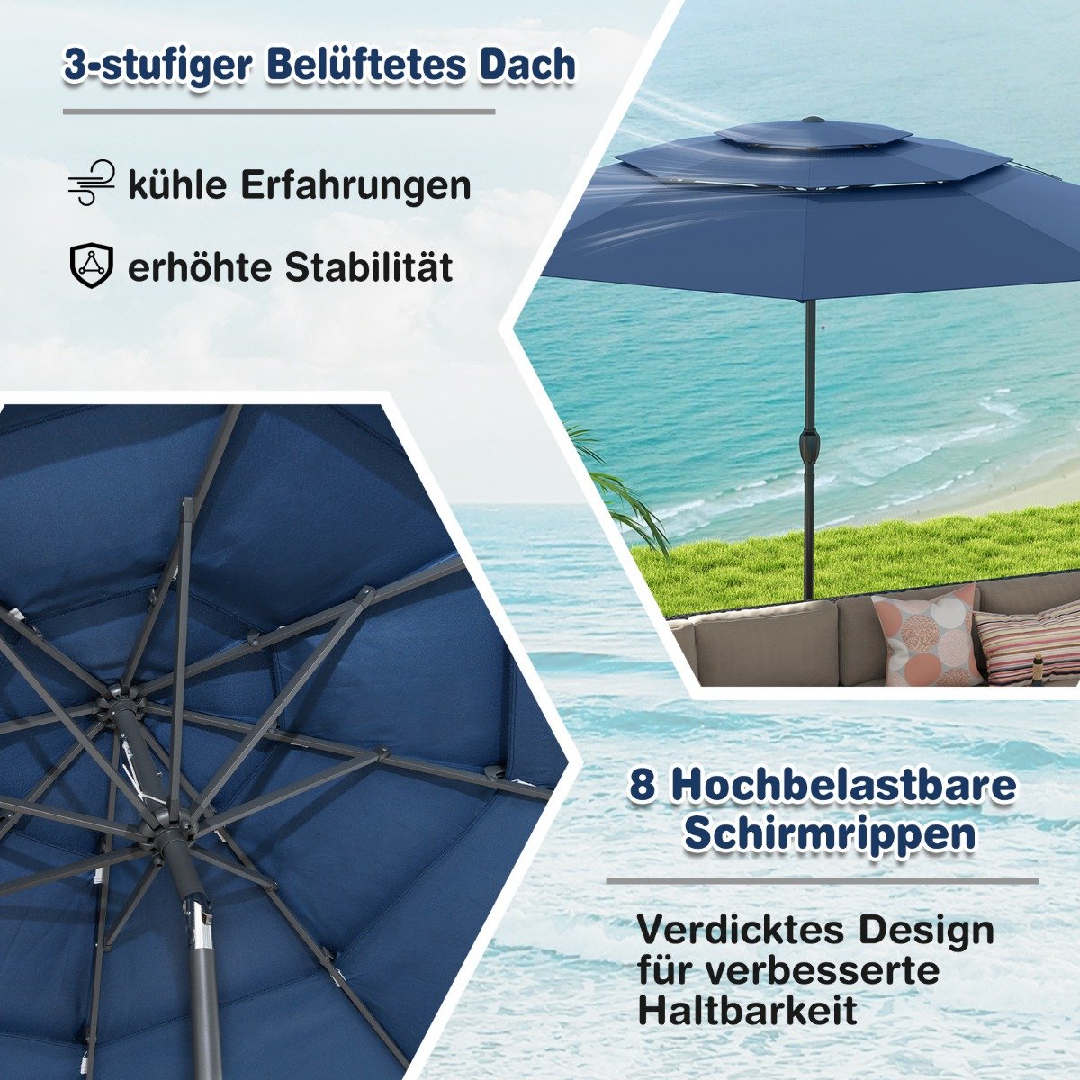 Sonnenschirm windfest stabil 300 cm Gartenschirm mit Kurbel beidseitig um 30° knickbar Marineblau