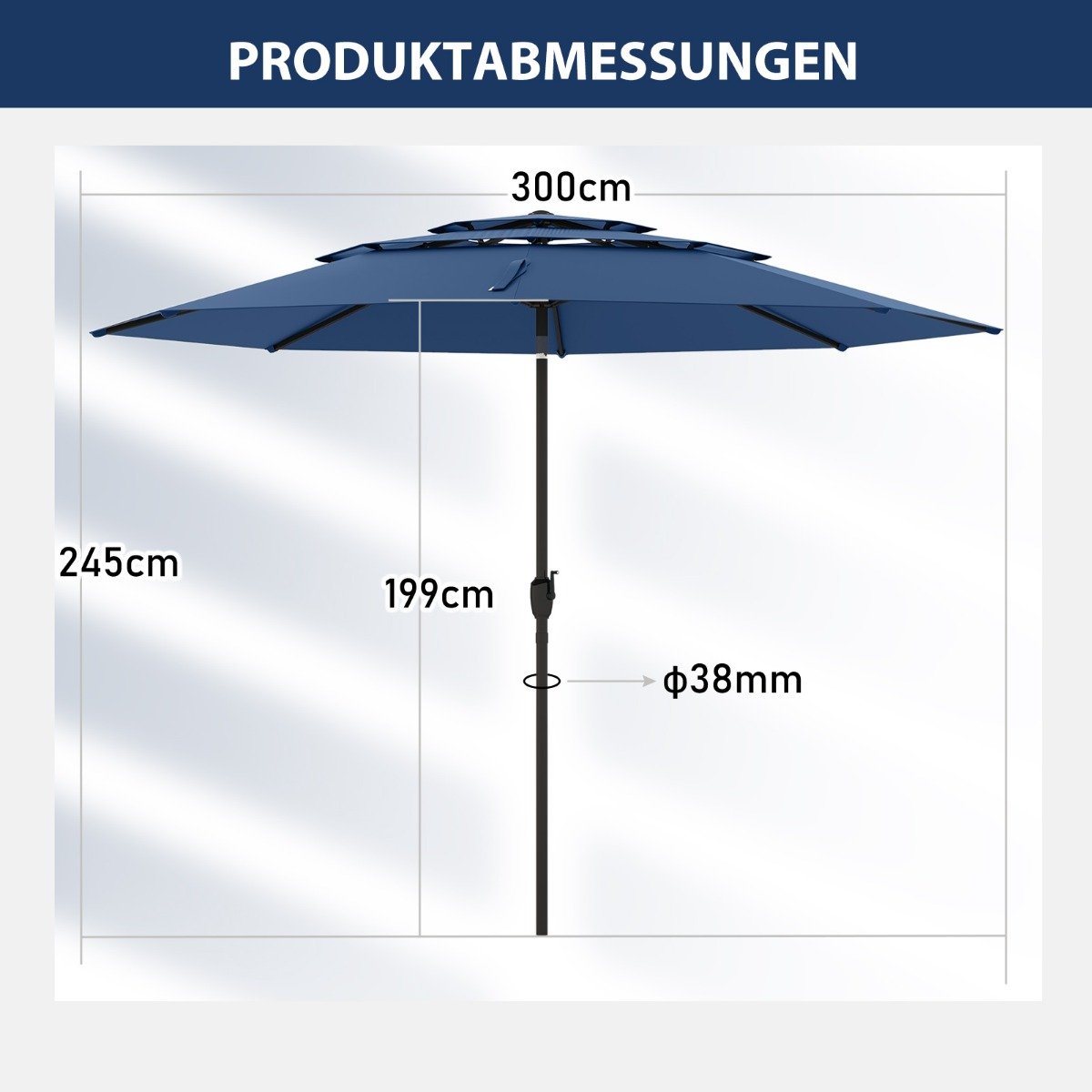 Sonnenschirm windfest stabil 300 cm Gartenschirm mit Kurbel beidseitig um 30° knickbar Marineblau