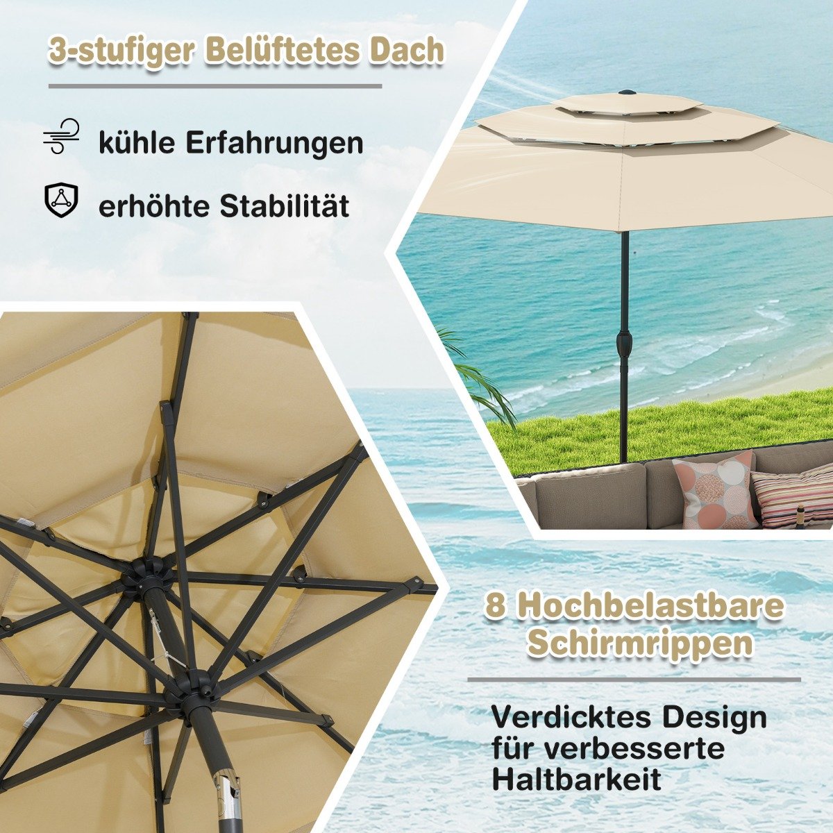 Sonnenschirm windfest stabil 300 cm Gartenschirm mit Kurbel beidseitig um 30° knickbar Beige