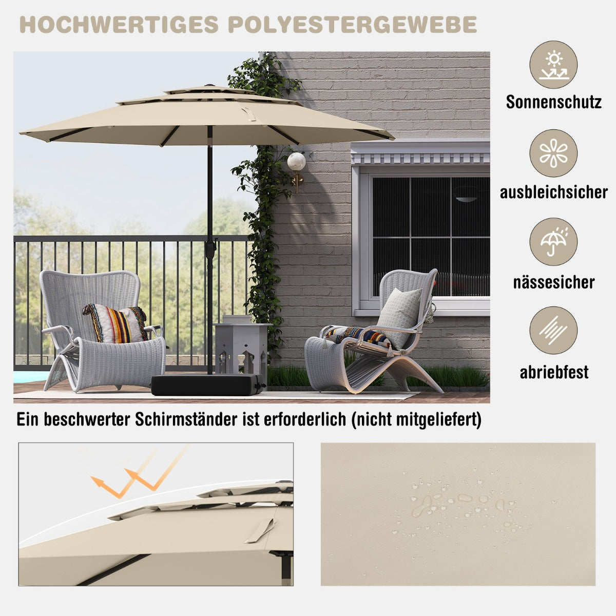 Sonnenschirm windfest stabil 300 cm Gartenschirm mit Kurbel beidseitig um 30° knickbar Beige
