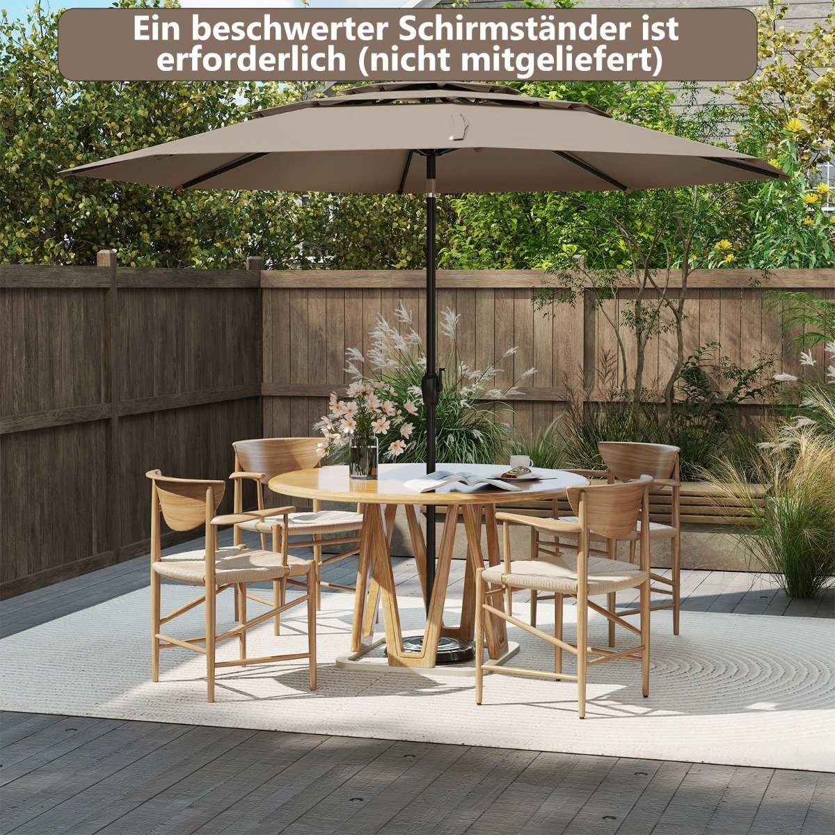 Sonnenschirm windfest stabil 300 cm Gartenschirm mit Kurbel beidseitig um 30° knickbar Hellbraun