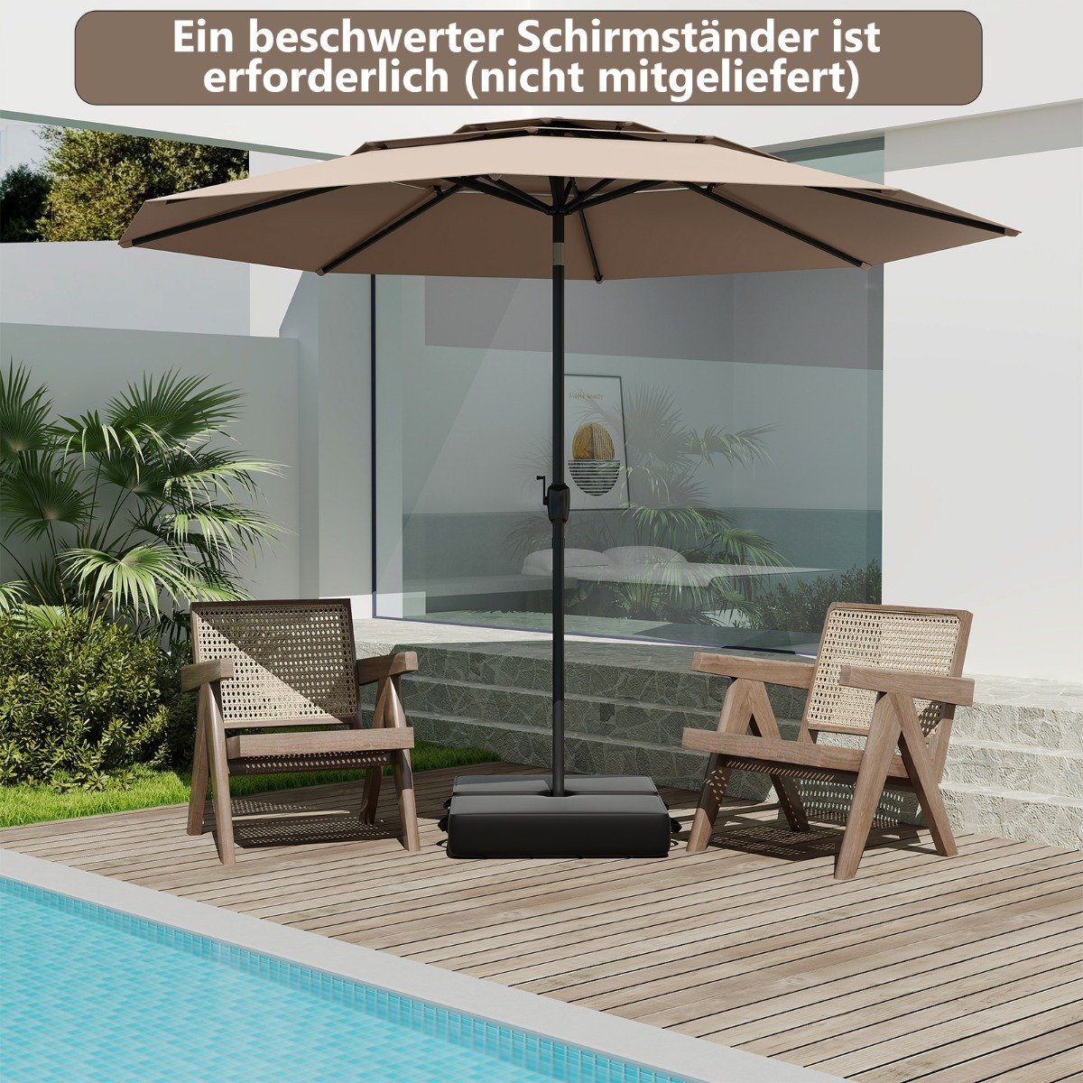 Sonnenschirm windfest stabil 300 cm Gartenschirm mit Kurbel beidseitig um 30° knickbar Hellbraun