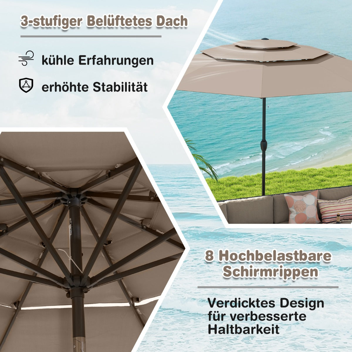 Sonnenschirm windfest stabil 300 cm Gartenschirm mit Kurbel beidseitig um 30° knickbar Hellbraun