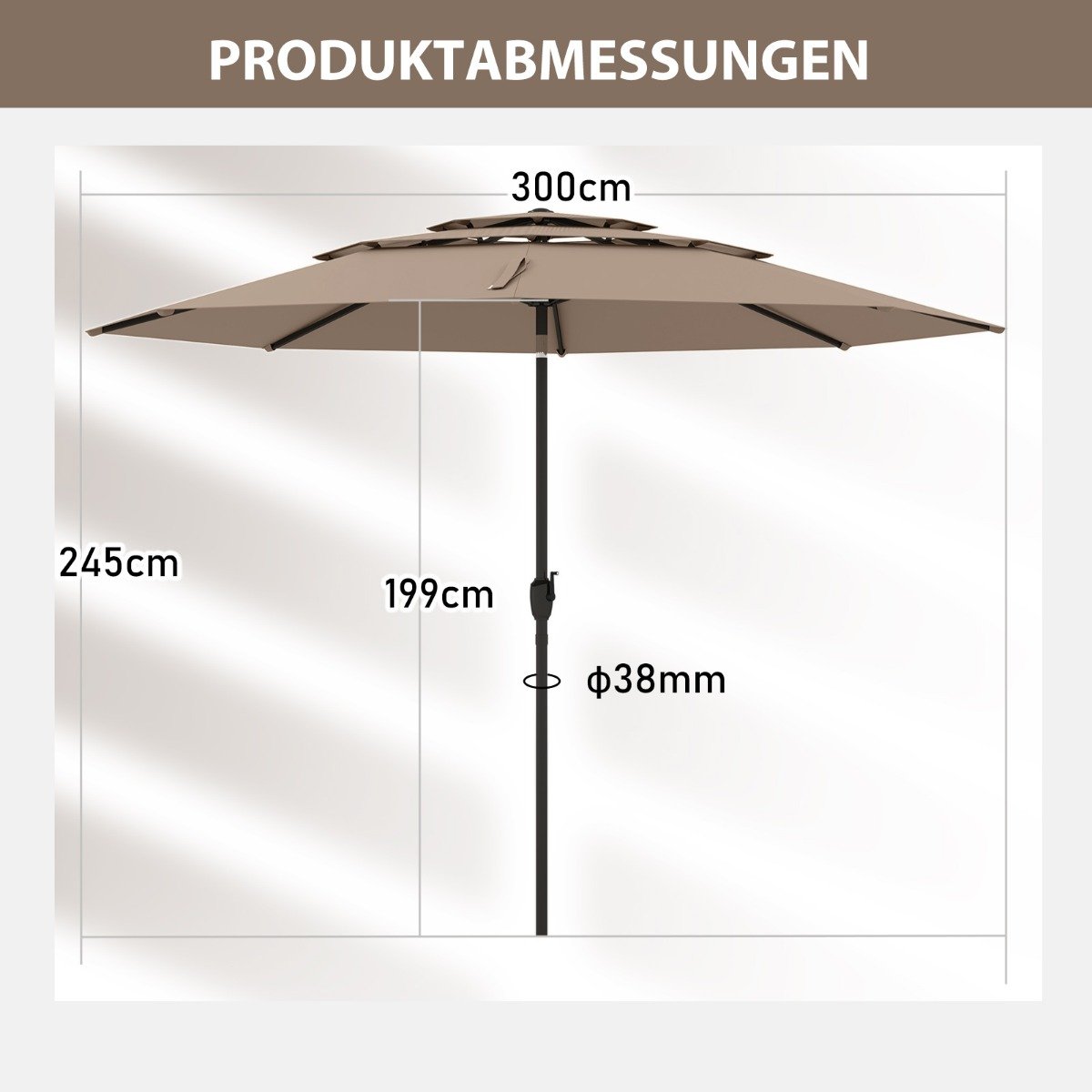 Sonnenschirm windfest stabil 300 cm Gartenschirm mit Kurbel beidseitig um 30° knickbar Hellbraun