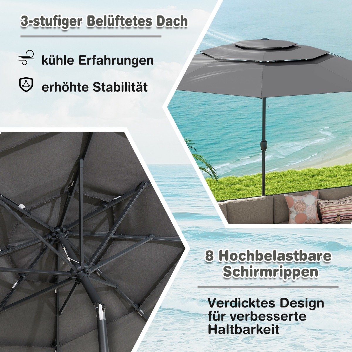Sonnenschirm windfest stabil 300 cm Gartenschirm mit Kurbel beidseitig um 30° knickbar Grau