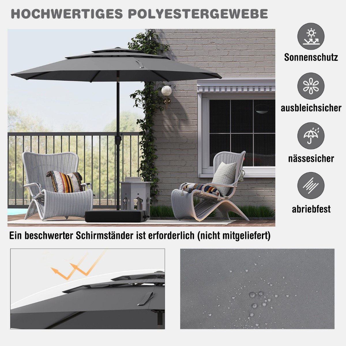 Sonnenschirm windfest stabil 300 cm Gartenschirm mit Kurbel beidseitig um 30° knickbar Grau