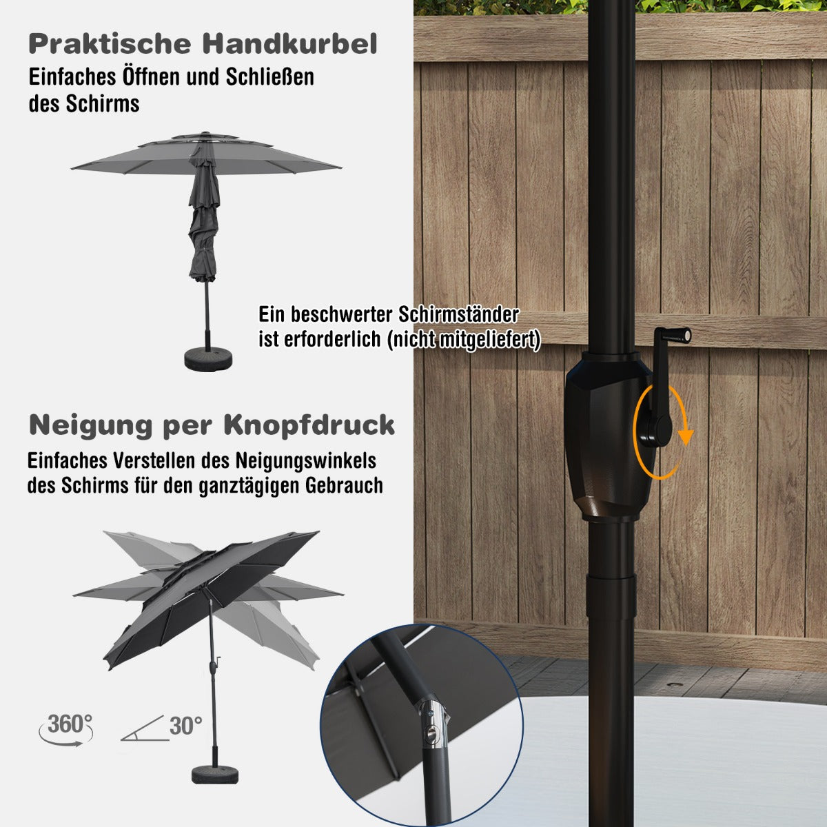 Sonnenschirm windfest stabil 300 cm Gartenschirm mit Kurbel beidseitig um 30° knickbar Grau