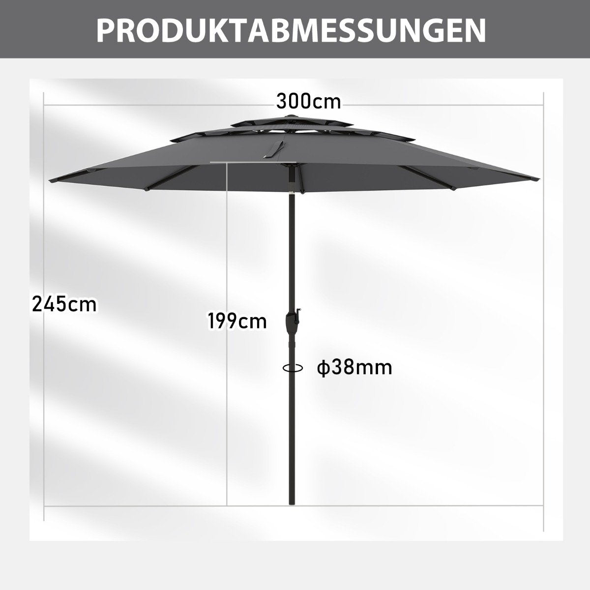 Sonnenschirm windfest stabil 300 cm Gartenschirm mit Kurbel beidseitig um 30° knickbar Grau