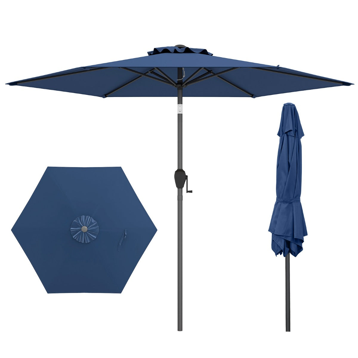 Sonnenschirm 230 cm Gartenschirm mit Kurbel beidseitig um 35° knickbar Terrassenschirm mit 6 Rippen Marineblau