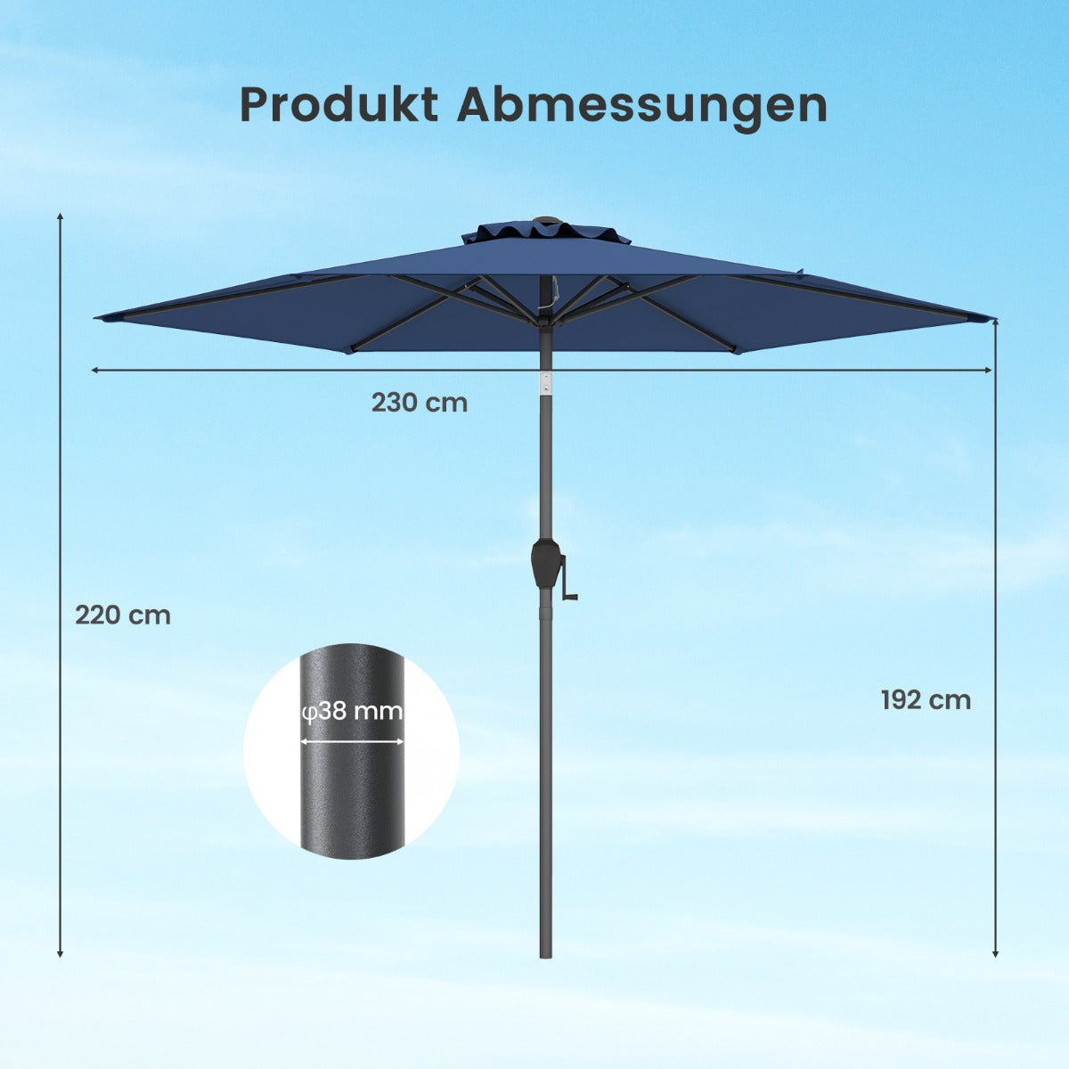Sonnenschirm 230 cm Gartenschirm mit Kurbel beidseitig um 35° knickbar Terrassenschirm mit 6 Rippen Marineblau