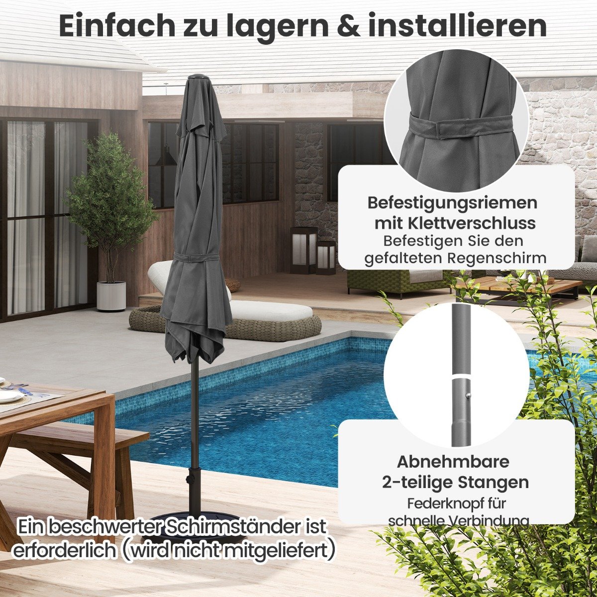 Sonnenschirm 230 cm Gartenschirm mit Kurbel beidseitig um 35° knickbar Terrassenschirm mit 6 Rippen Grau
