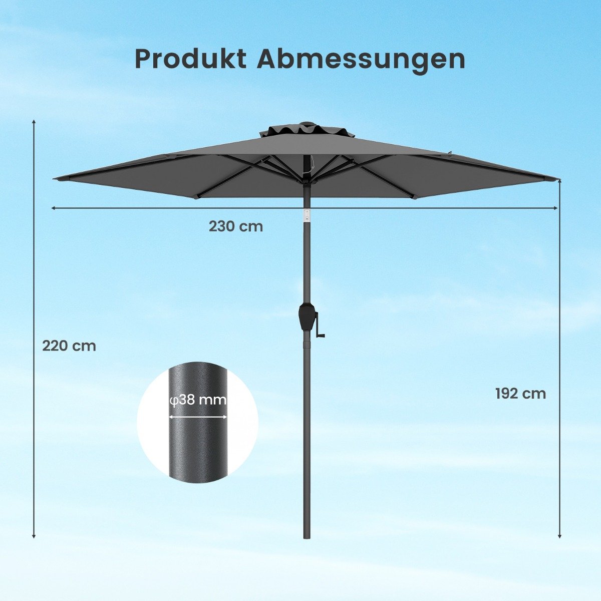 Sonnenschirm 230 cm Gartenschirm mit Kurbel beidseitig um 35° knickbar Terrassenschirm mit 6 Rippen Grau