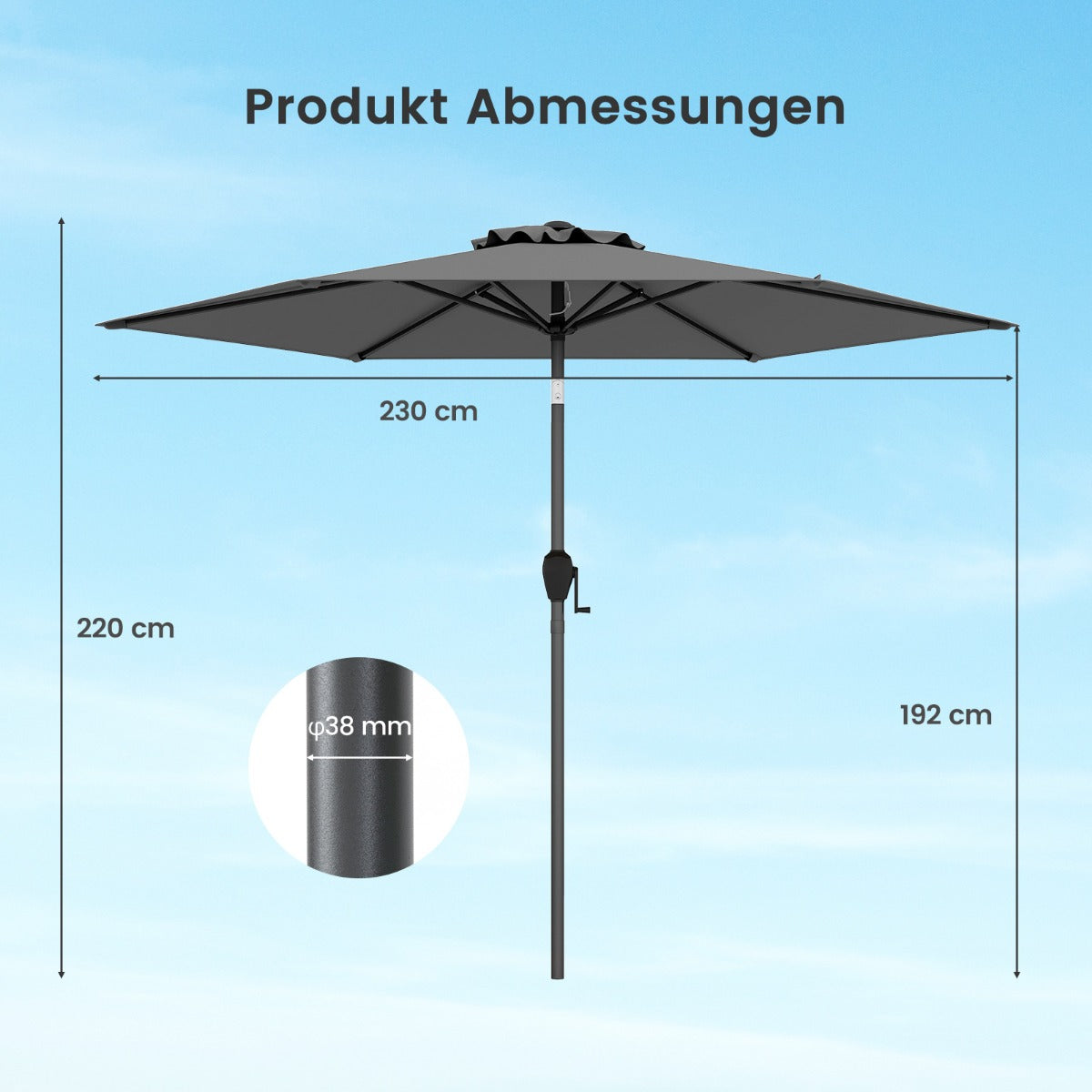Sonnenschirm 230 cm Gartenschirm mit Kurbel beidseitig um 35° knickbar Terrassenschirm mit 6 Rippen Grau