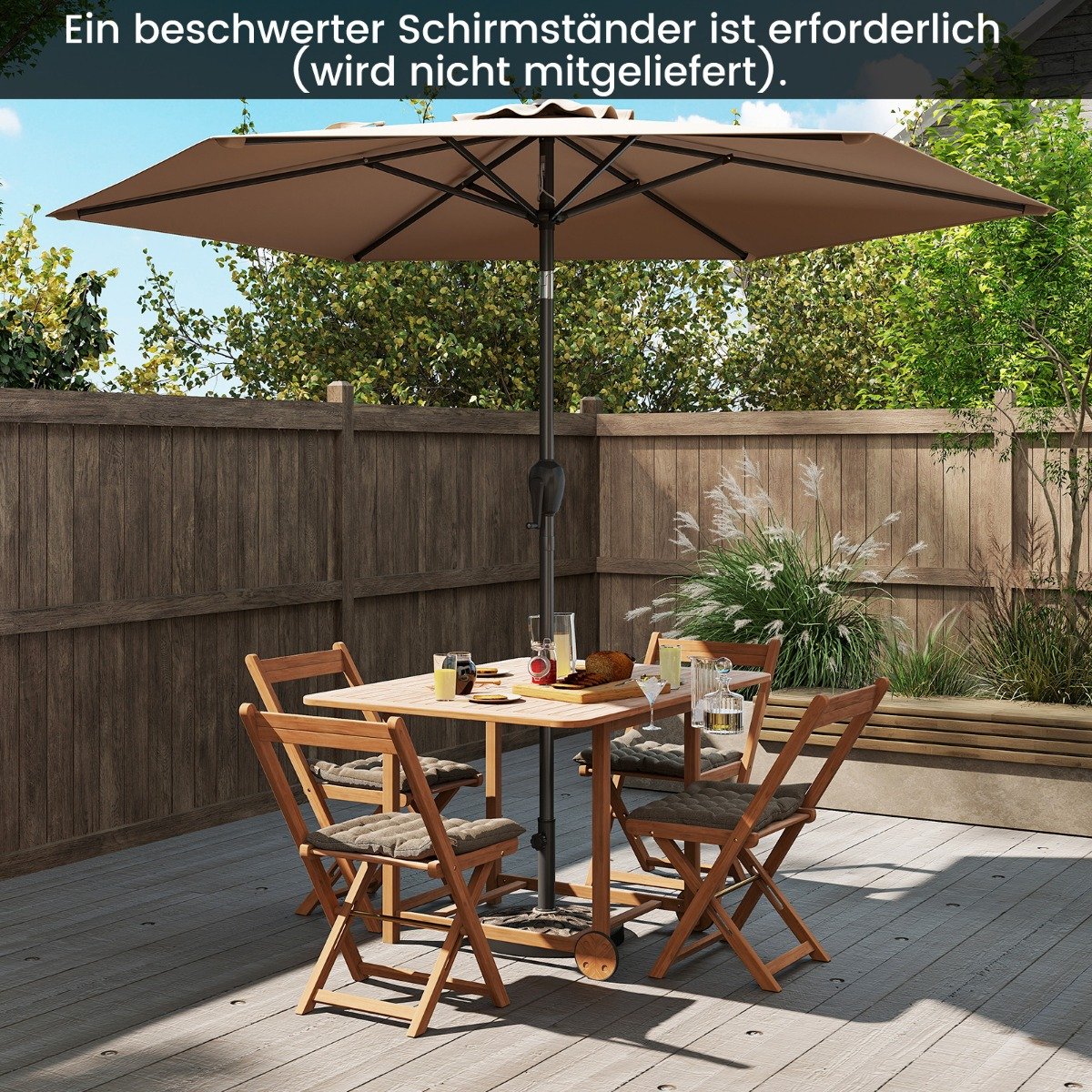 Sonnenschirm 230 cm Gartenschirm mit Kurbel beidseitig um 35° knickbar Terrassenschirm mit 6 Rippen Hellbraun