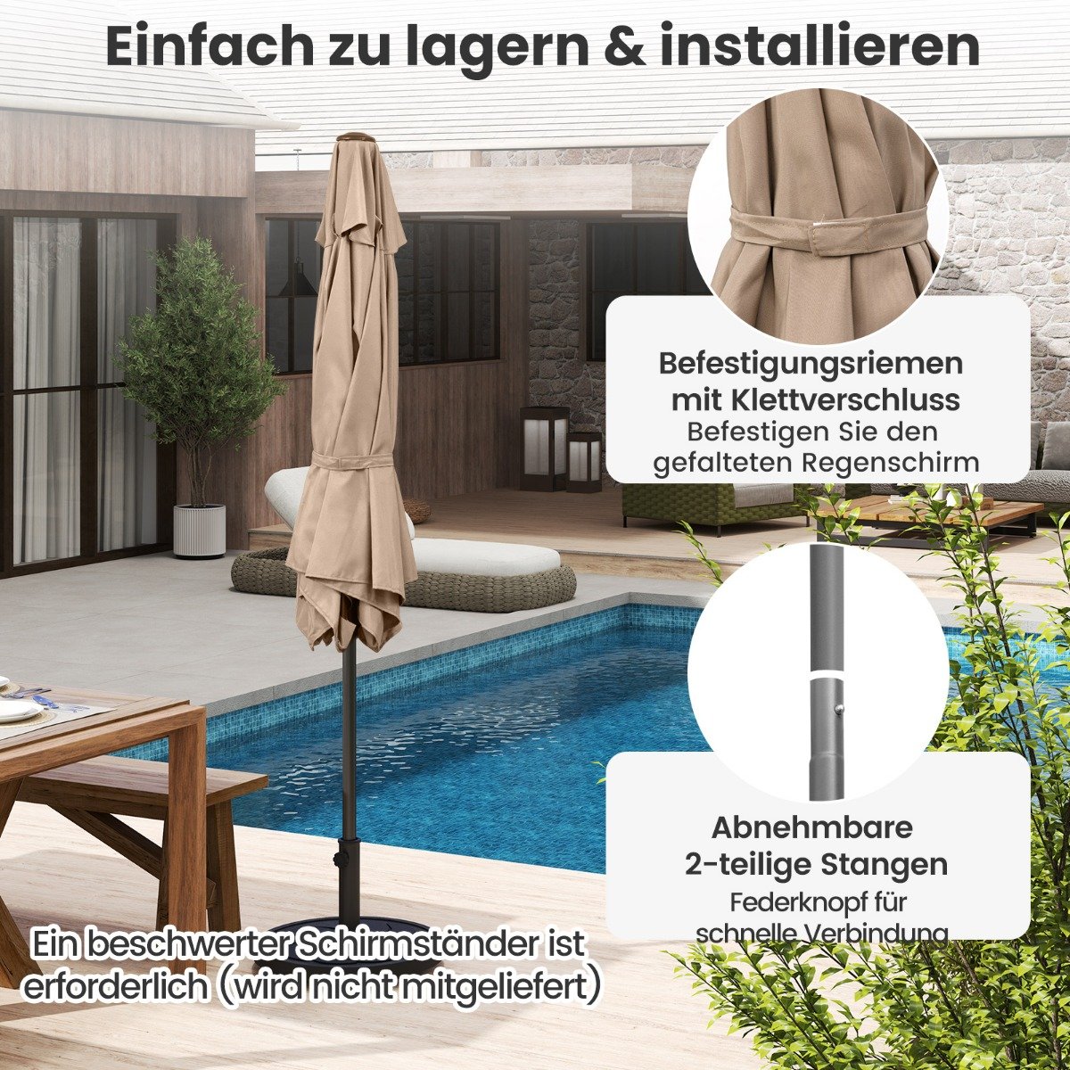 Sonnenschirm 230 cm Gartenschirm mit Kurbel beidseitig um 35° knickbar Terrassenschirm mit 6 Rippen Hellbraun