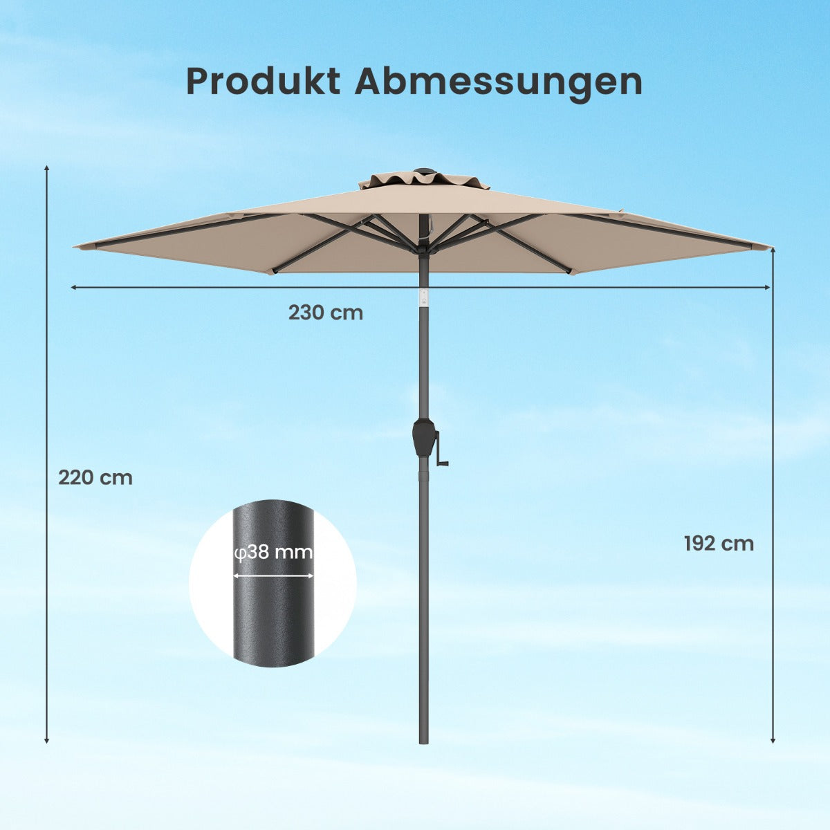 Sonnenschirm 230 cm Gartenschirm mit Kurbel beidseitig um 35° knickbar Terrassenschirm mit 6 Rippen Hellbraun