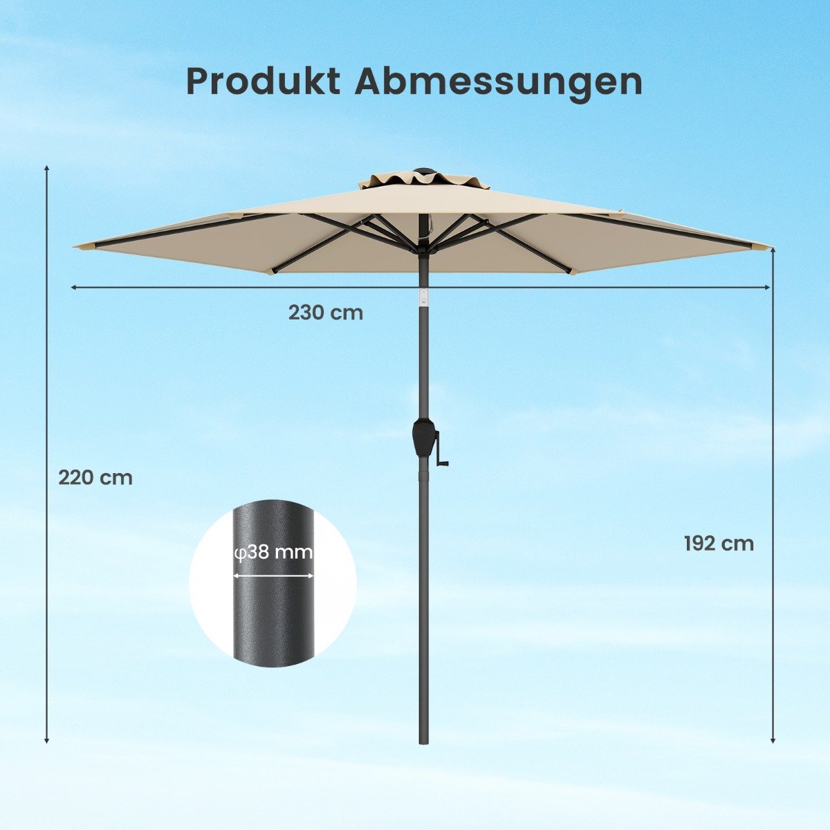 Sonnenschirm 230 cm Gartenschirm mit Kurbel beidseitig um 35° knickbar Terrassenschirm mit 6 Rippen Beige