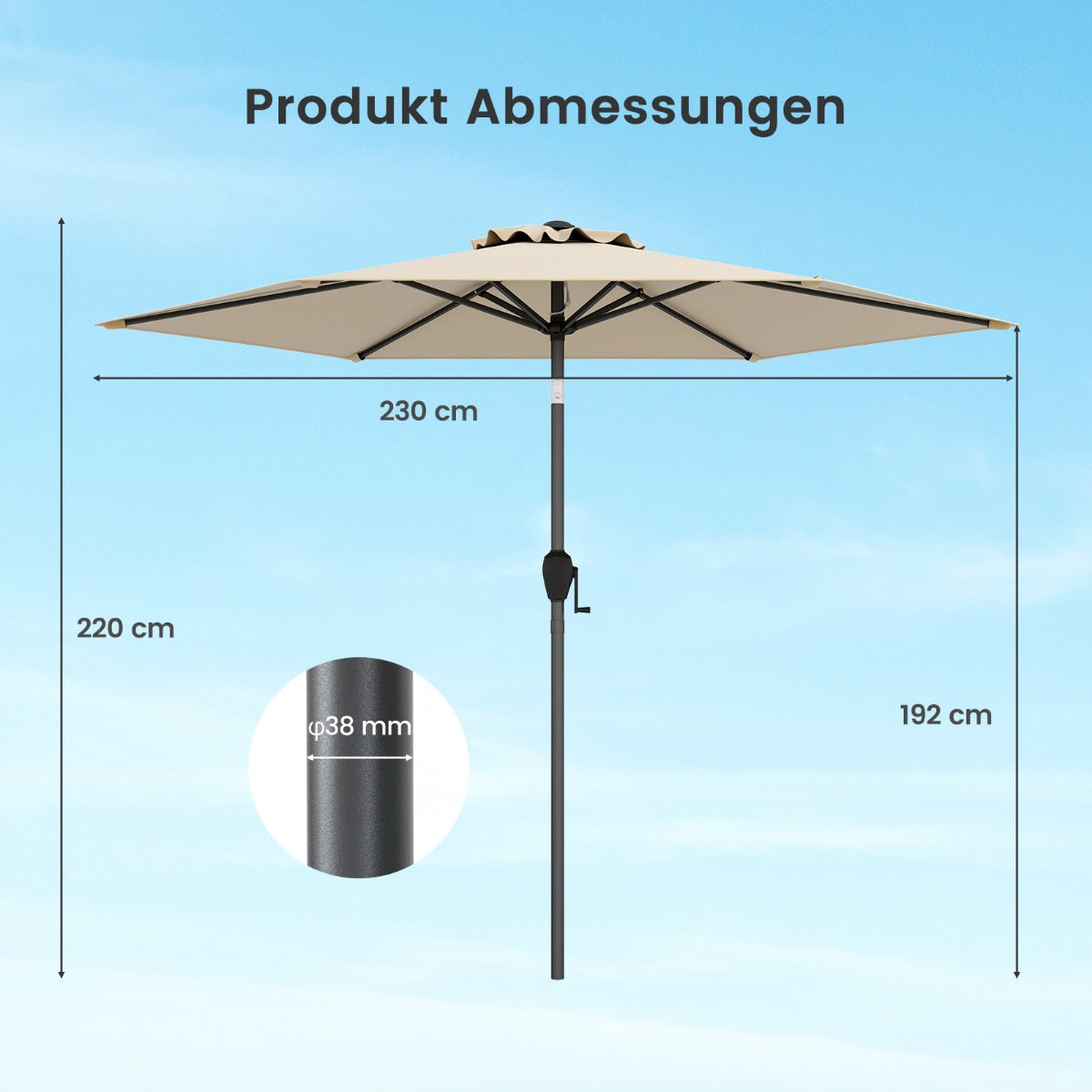 Sonnenschirm 230 cm Gartenschirm mit Kurbel beidseitig um 35° knickbar Terrassenschirm mit 6 Rippen Beige