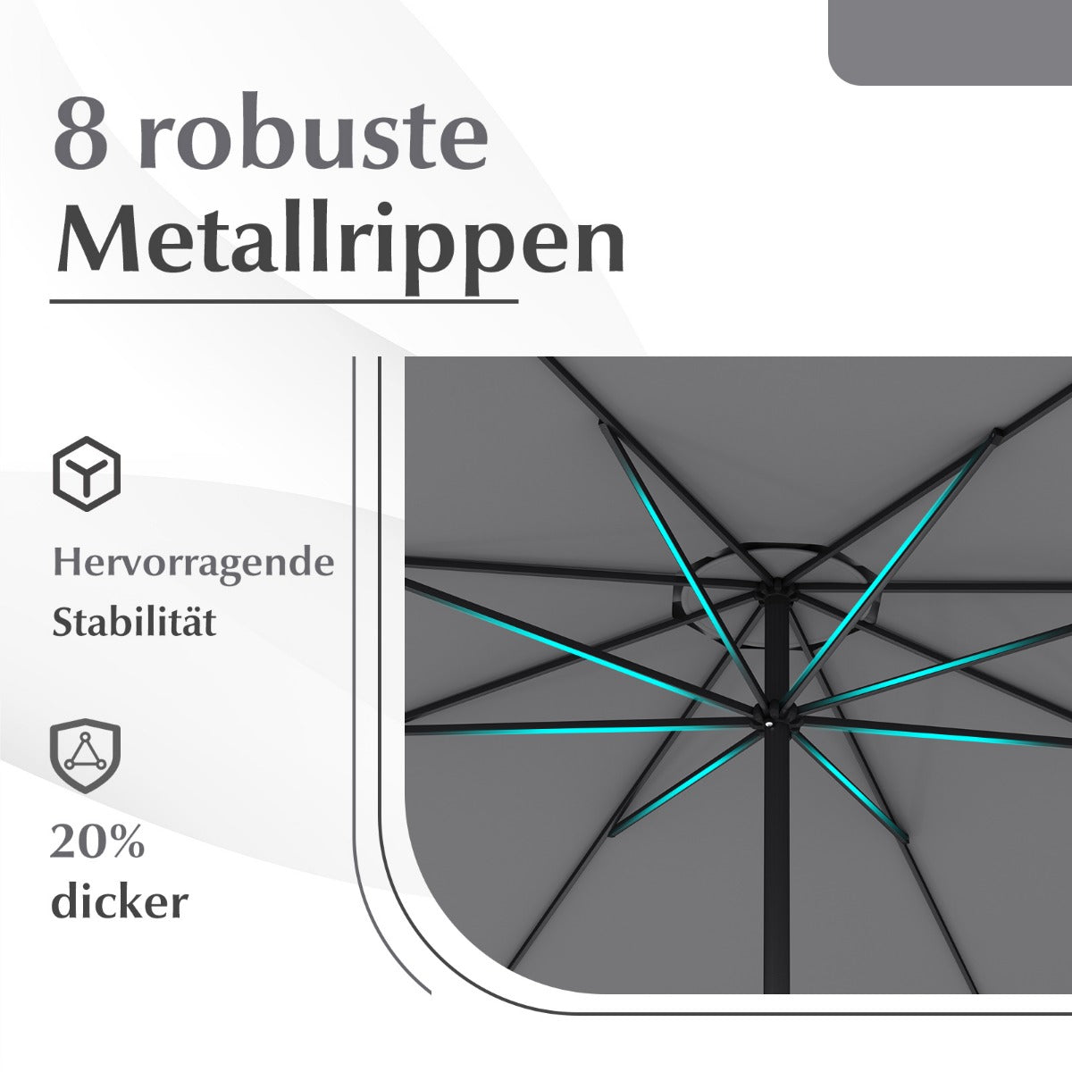 Sonnenschirm 350 cm großer Gartenschirm mit Kurbel Terrassenschirm mit 8 Rippen Grau