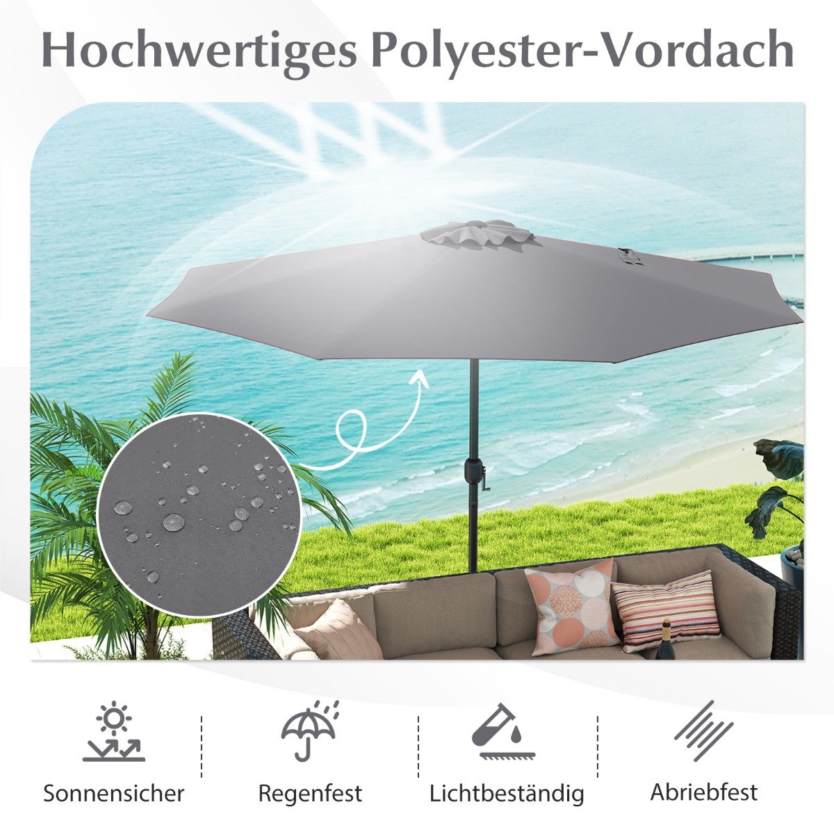 Sonnenschirm 350 cm großer Gartenschirm mit Kurbel Terrassenschirm mit 8 Rippen Grau