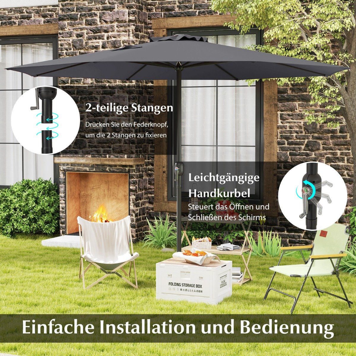 Sonnenschirm 350 cm großer Gartenschirm mit Kurbel Terrassenschirm mit 8 Rippen Grau