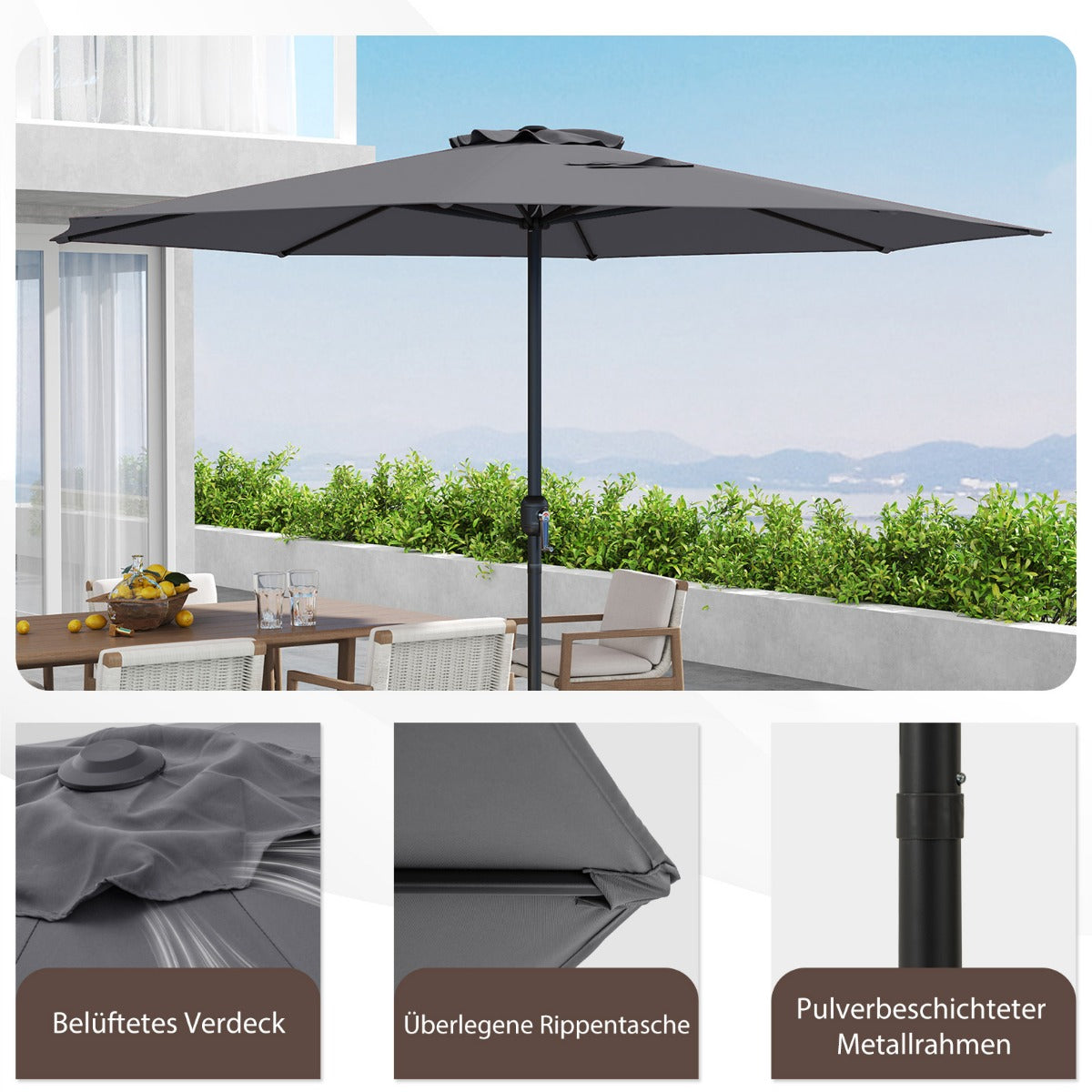 Sonnenschirm 350 cm großer Gartenschirm mit Kurbel Terrassenschirm mit 8 Rippen Grau