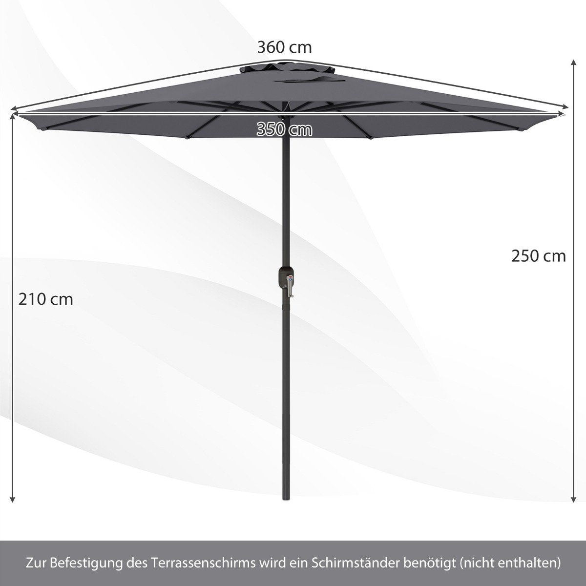 Sonnenschirm 350 cm großer Gartenschirm mit Kurbel Terrassenschirm mit 8 Rippen Grau