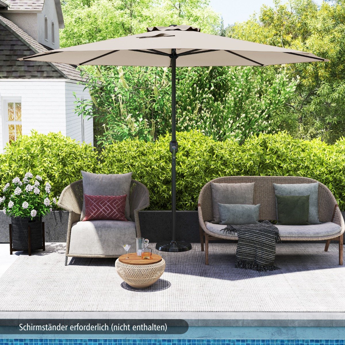 Sonnenschirm 350 cm großer Gartenschirm mit Kurbel Terrassenschirm mit 8 Rippen Beige